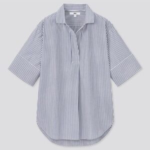 Uniqlo Women’s Extra Fine Cotton Short Sleeve Shirt Navy White Striped Size M